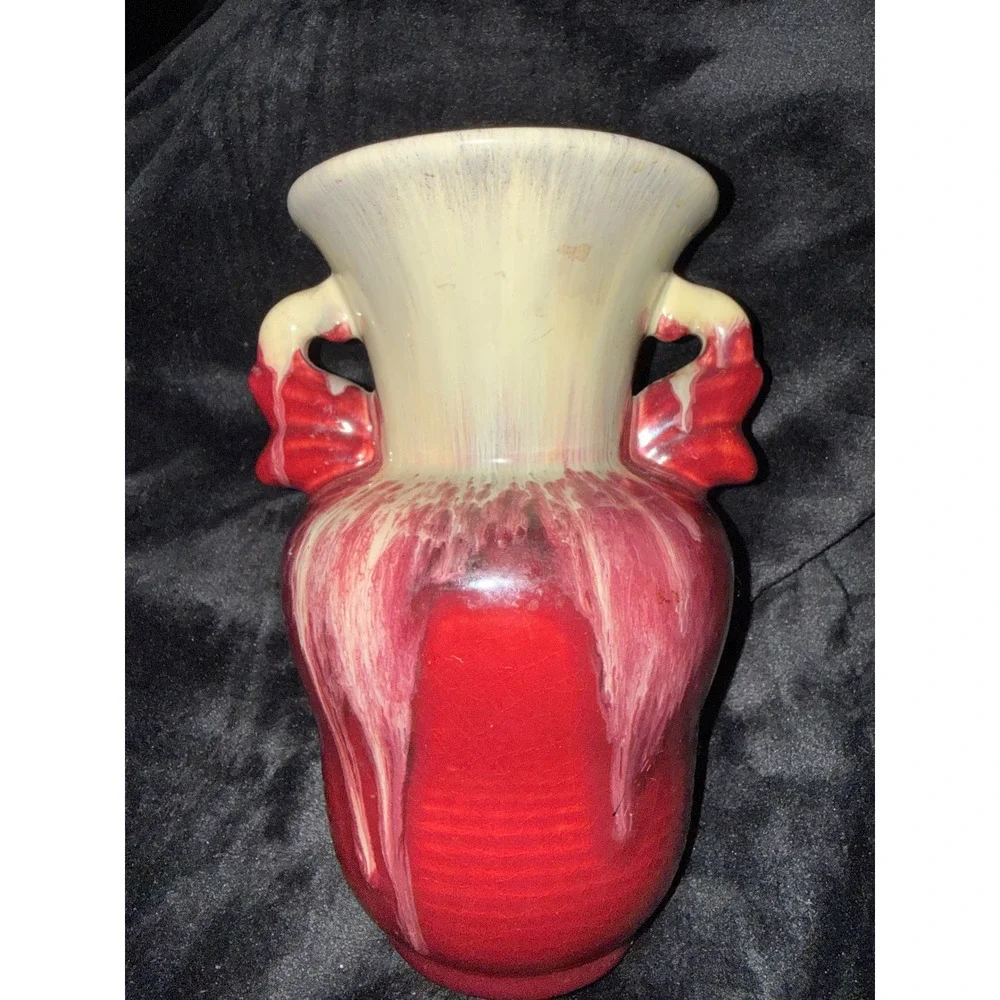 Vintage West German Pottery Drip Glaze Double Handled Vase Red Cream 8.5 Inch